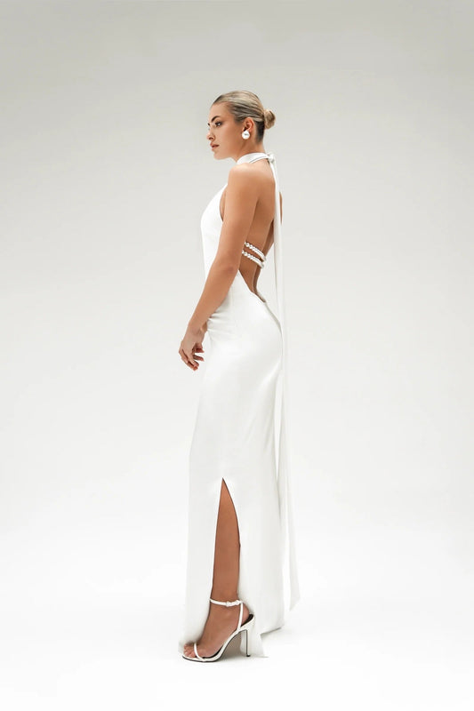 Sleek Satin Halter Maxi Dress (white) - blossombaduk