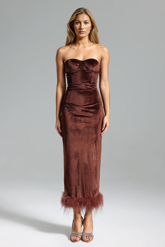 Velvet Grace Strapless Midi Dress