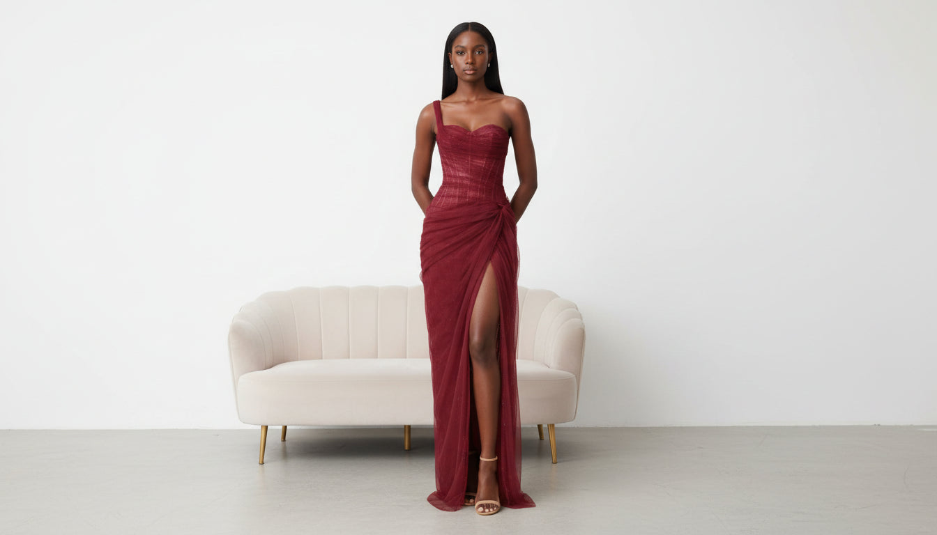 Dark Red Ruche Dress