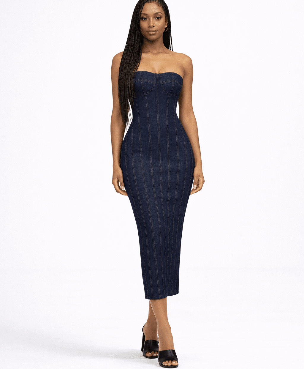 Sleeveless Structured Denim Midi Dress with Corset Bodice - blossombaduk