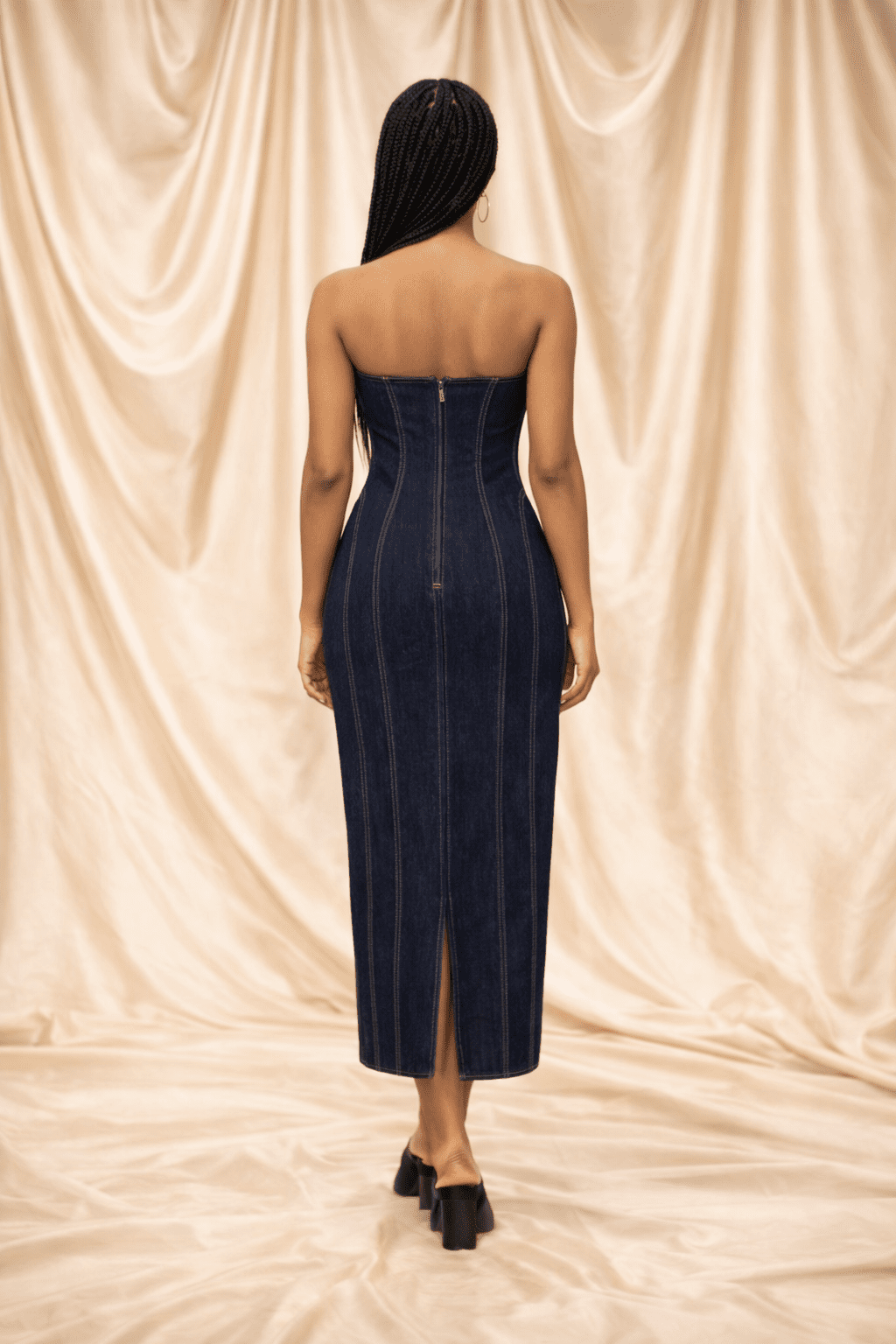 Sleeveless Structured Denim Midi Dress with Corset Bodice - blossombaduk