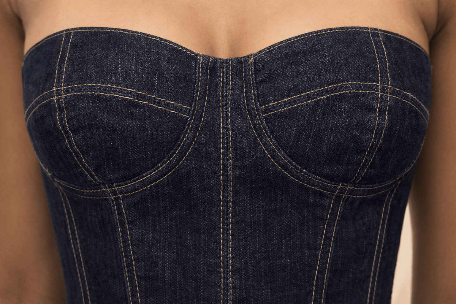 Sleeveless Structured Denim Midi Dress with Corset Bodice - blossombaduk