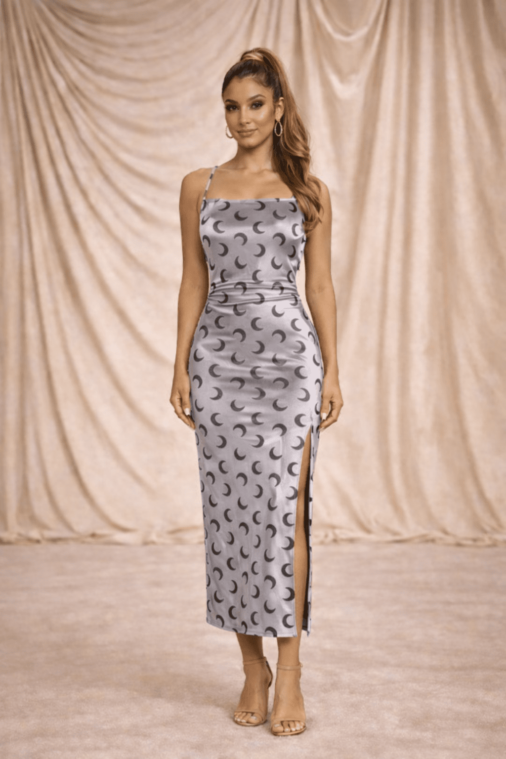 Moonlight Print Midi Dress with Side Slit - blossombaduk