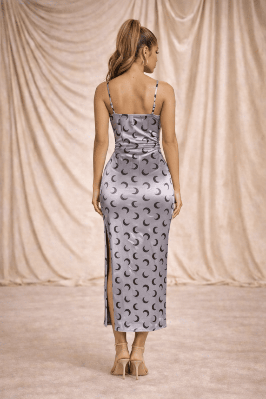 Moonlight Print Midi Dress with Side Slit - blossombaduk