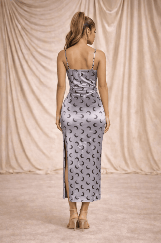Moonlight Print Midi Dress with Side Slit - blossombaduk