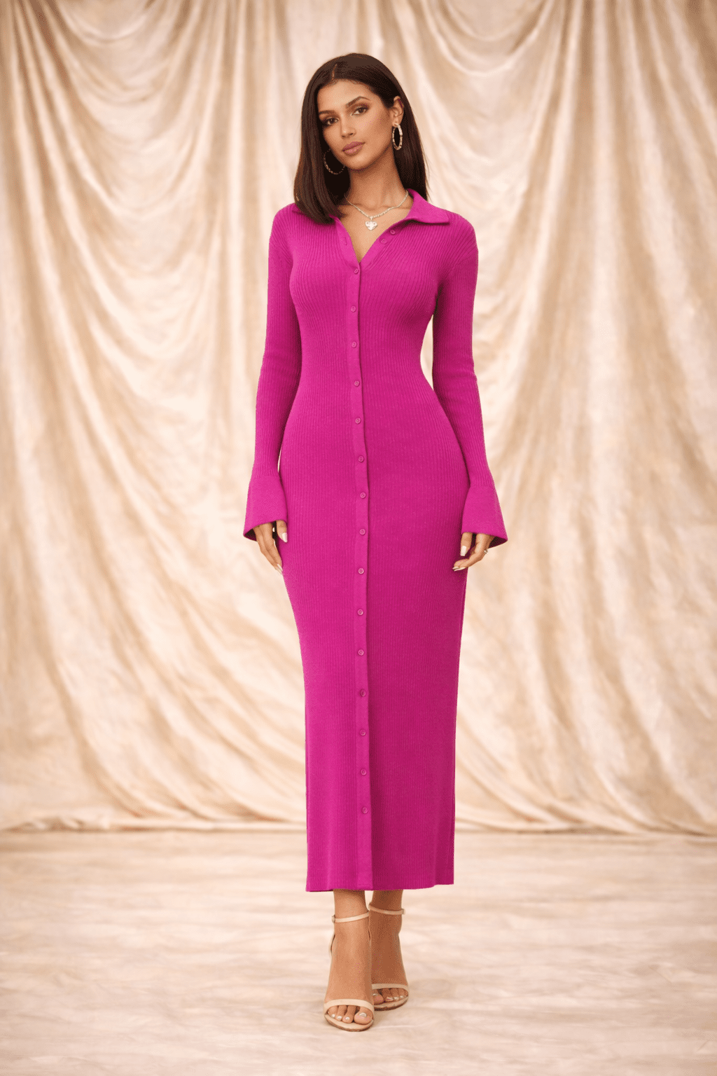 Fuschia Ribbed Button Front Long Sleeve Maxi Dress - blossombaduk