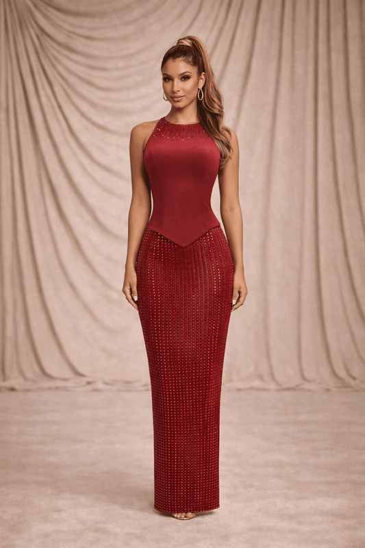 Red Dianna Gala Dress | Strapless Corset Evening Maxi Dress with Crystal Skirt - blossombaduk