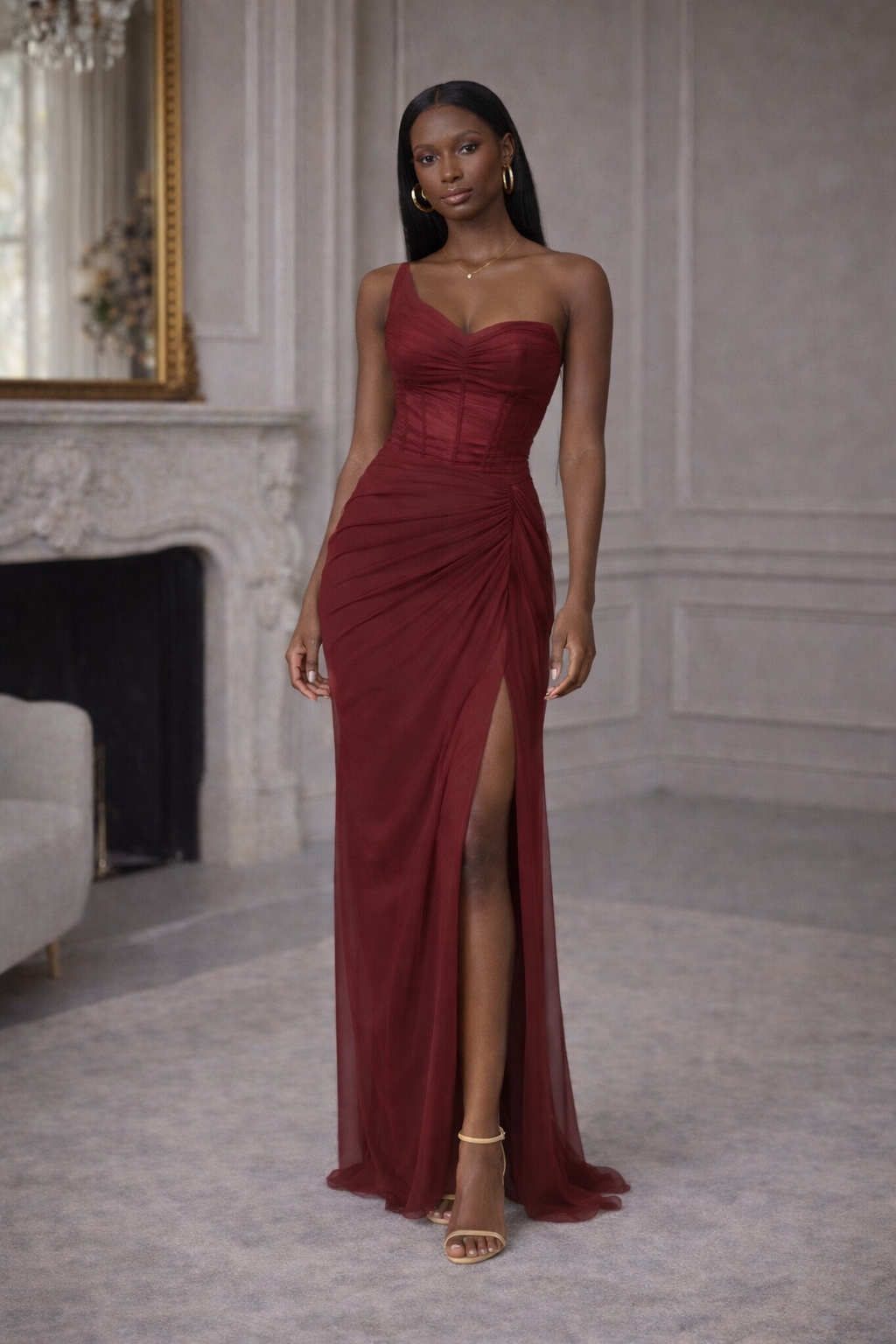 Dark Red Ruche Dress